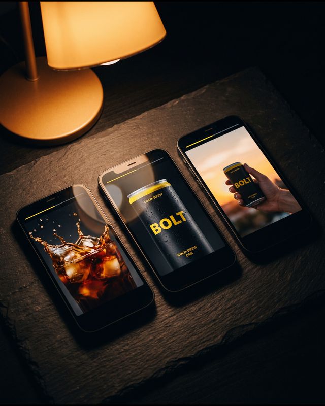 Three phones showing A, B and C variants of one ad campaign for a cold-brew drink
