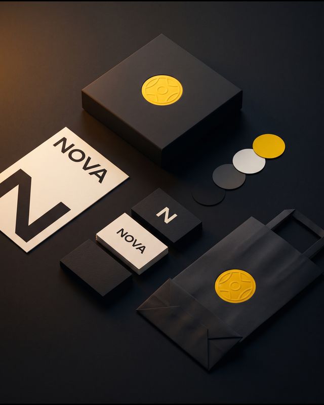A brand identity flat lay: logo mark, colour chips, cards, box and bag