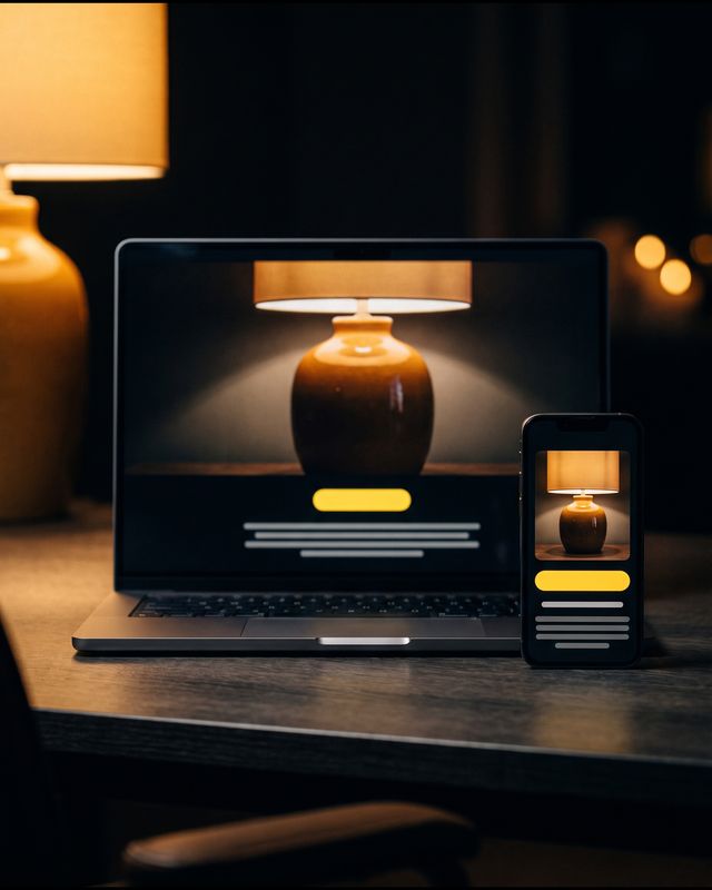 A dark landing page with a yellow button, on a laptop and a phone